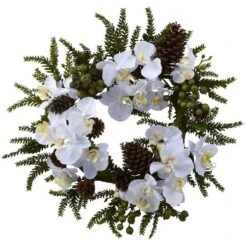22" White Orchid & Pine Wreath