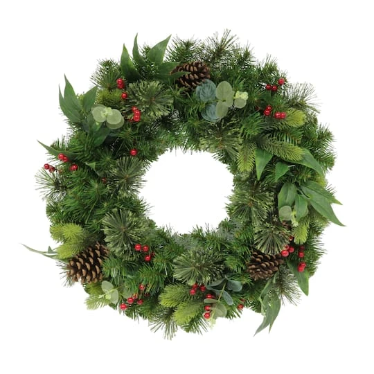 24" Pine, Cones & Red Berries Wreath 1 24" Pine, Cones & Red Berries Wreath