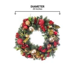 Village Lighting 30" Pre-Lit Scarlet Hydrangea Christmas Wreath, Clear LED Lights -Northlight Shop D403164S 17