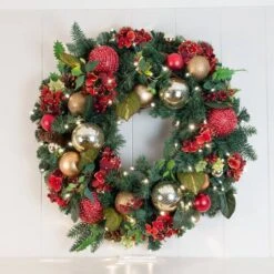 Village Lighting 30" Pre-Lit Scarlet Hydrangea Christmas Wreath, Clear LED Lights -Northlight Shop D403164S 2