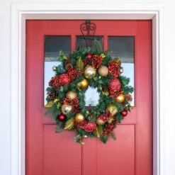 Village Lighting 30" Pre-Lit Scarlet Hydrangea Christmas Wreath, Clear LED Lights -Northlight Shop D403164S 4