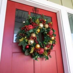 Village Lighting 30" Pre-Lit Scarlet Hydrangea Christmas Wreath, Clear LED Lights -Northlight Shop D403164S 5
