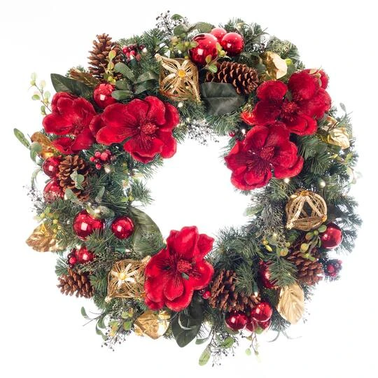 Village Lighting 30" Pre-Lit Red Magnolia Christmas Wreath, Clear LED Lights 2 Village Lighting 30" Pre-Lit Red Magnolia Christmas Wreath, Clear LED Lights - Image 2