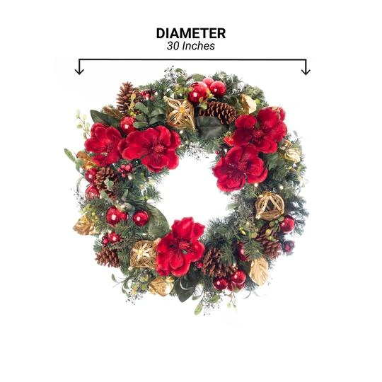Village Lighting 30" Pre-Lit Red Magnolia Christmas Wreath, Clear LED Lights 8 Village Lighting 30" Pre-Lit Red Magnolia Christmas Wreath, Clear LED Lights - Image 8