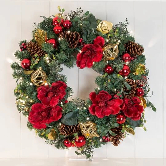 Village Lighting 30" Pre-Lit Red Magnolia Christmas Wreath, Clear LED Lights 3 Village Lighting 30" Pre-Lit Red Magnolia Christmas Wreath, Clear LED Lights - Image 3