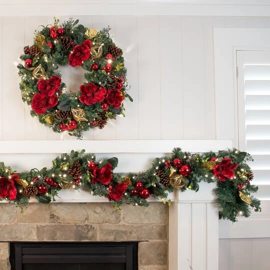 Village Lighting 30" Pre-Lit Red Magnolia Christmas Wreath, Clear LED Lights 4 Village Lighting 30" Pre-Lit Red Magnolia Christmas Wreath, Clear LED Lights - Image 4
