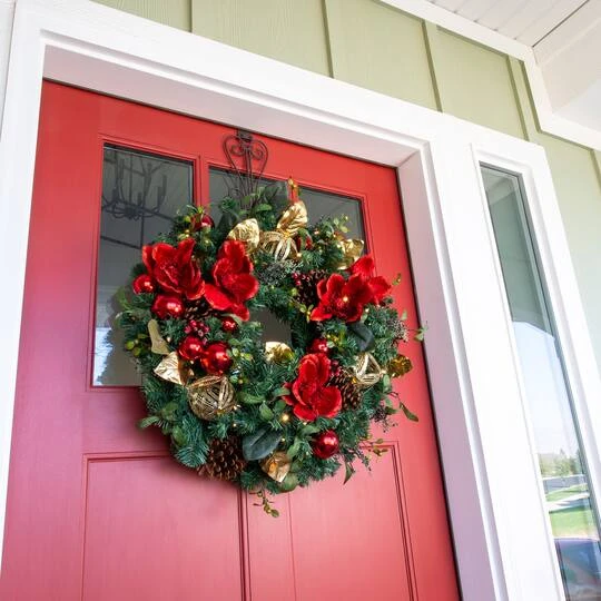 Village Lighting 30" Pre-Lit Red Magnolia Christmas Wreath, Clear LED Lights 5 Village Lighting 30" Pre-Lit Red Magnolia Christmas Wreath, Clear LED Lights - Image 5