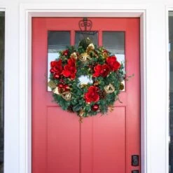 Village Lighting 30" Pre-Lit Red Magnolia Christmas Wreath, Clear LED Lights 13 Village Lighting 30" Pre-Lit Red Magnolia Christmas Wreath, Clear LED Lights -Northlight Shop D403166S 5