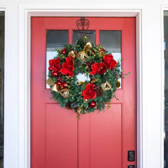 Village Lighting 30" Pre-Lit Red Magnolia Christmas Wreath, Clear LED Lights 6 Village Lighting 30" Pre-Lit Red Magnolia Christmas Wreath, Clear LED Lights - Image 6