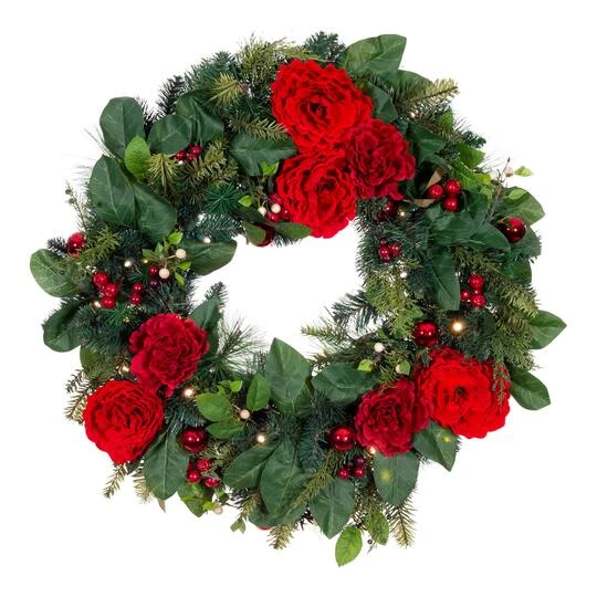 Village Lighting 30" LED Red Peonies & Berry Wreath 2 Village Lighting 30" LED Red Peonies & Berry Wreath - Image 2