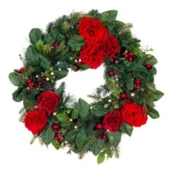 Village Lighting 30" LED Red Peonies & Berry Wreath