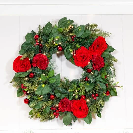 Village Lighting 30" LED Red Peonies & Berry Wreath 11 Village Lighting 30" LED Red Peonies & Berry Wreath - Image 11