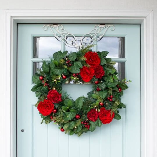 Village Lighting 30" LED Red Peonies & Berry Wreath 3 Village Lighting 30" LED Red Peonies & Berry Wreath - Image 3