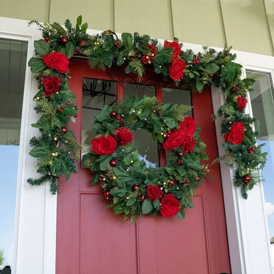 Village Lighting 30" LED Red Peonies & Berry Wreath 6 Village Lighting 30" LED Red Peonies & Berry Wreath - Image 6