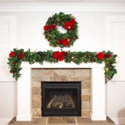 Village Lighting 30" LED Red Peonies & Berry Wreath 20 Village Lighting 30" LED Red Peonies & Berry Wreath -Northlight Shop D403198S 9