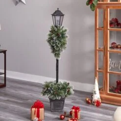 5ft. Pre-Lit LED Holiday Decorated Lamp Post With Faux Greenery In Decorative Container -Northlight Shop D478687S 8