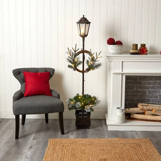 5ft. Pre-lit LED Holiday Decorated Lamp Post With Greenery In Decorative Planter 5 5ft. Pre-lit LED Holiday Decorated Lamp Post With Greenery In Decorative Planter - Image 5