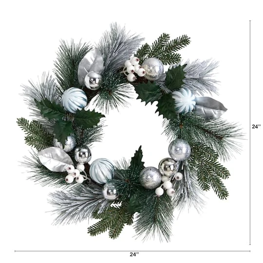 24" Pinecones & Berries Christmas Wreath With Silver Ornaments 3 24" Pinecones & Berries Christmas Wreath With Silver Ornaments - Image 3