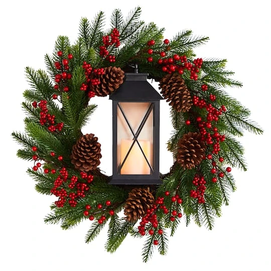 28" Berries & Pine Christmas Wreath With Lantern & Included LED Candle 2 28" Berries & Pine Christmas Wreath With Lantern & Included LED Candle - Image 2