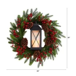 28" Berries & Pine Christmas Wreath With Lantern & Included LED Candle 7 28" Berries & Pine Christmas Wreath With Lantern & Included LED Candle -Northlight Shop D478984S 2