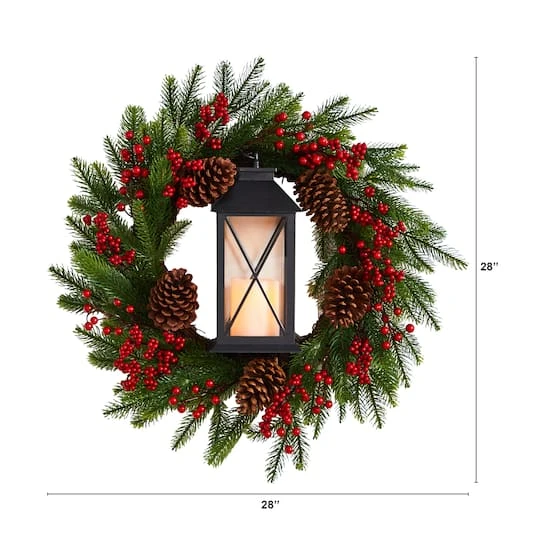 28" Berries & Pine Christmas Wreath With Lantern & Included LED Candle 3 28" Berries & Pine Christmas Wreath With Lantern & Included LED Candle - Image 3