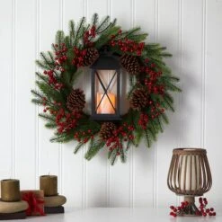 28" Berries & Pine Christmas Wreath With Lantern & Included LED Candle 8 28" Berries & Pine Christmas Wreath With Lantern & Included LED Candle -Northlight Shop D478984S 3