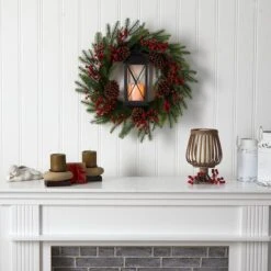 28" Berries & Pine Christmas Wreath With Lantern & Included LED Candle 9 28" Berries & Pine Christmas Wreath With Lantern & Included LED Candle -Northlight Shop D478984S 4