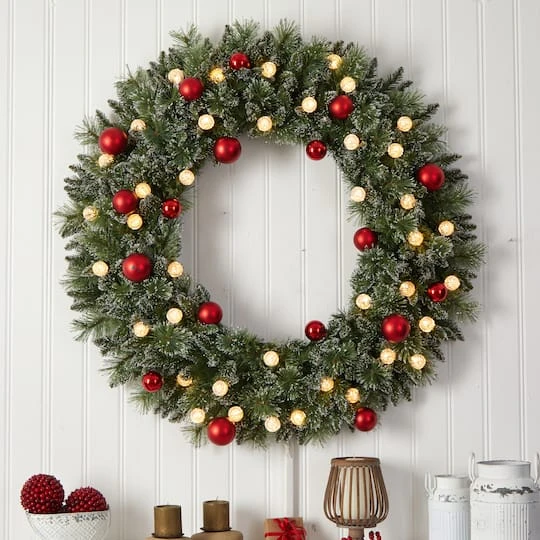 4ft. Oversized Pre-Lit Frosted Holiday Christmas Wreath With Ornaments 5 4ft. Oversized Pre-Lit Frosted Holiday Christmas Wreath With Ornaments - Image 5
