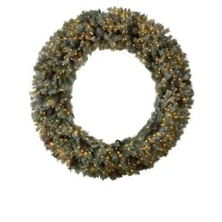 6ft. Clear LED Lights Flocked Christmas Artificial Wreath With Pinecones
