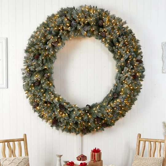 6ft. Clear LED Lights Flocked Christmas Artificial Wreath With Pinecones 5 6ft. Clear LED Lights Flocked Christmas Artificial Wreath With Pinecones - Image 5