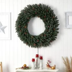 4ft. Clear LED Lights Flocked Artificial Christmas Wreath With Pinecones & Berries -Northlight Shop D478994S 7