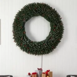 5ft. Clear LED Lights Flocked Artificial Christmas Wreath With Pinecones & Berries -Northlight Shop D478997S 5