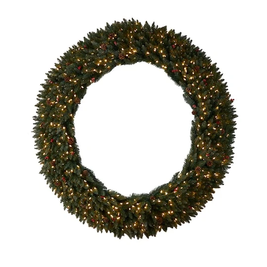 6ft. Clear LED Lights Flocked Artificial Christmas Wreath With Pinecones & Berries 1 6ft. Clear LED Lights Flocked Artificial Christmas Wreath With Pinecones & Berries