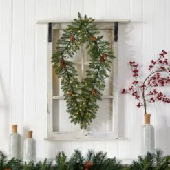 3ft. White LED Lights Holiday Geometric Christmas Diamond Wreath With Pinecones -Northlight Shop D479002S 4