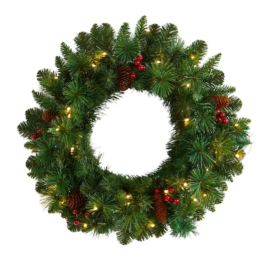 20" White LED Lights Frosted Pine Artificial Christmas Wreath With Pinecones & Berries 2 20" White LED Lights Frosted Pine Artificial Christmas Wreath With Pinecones & Berries - Image 2