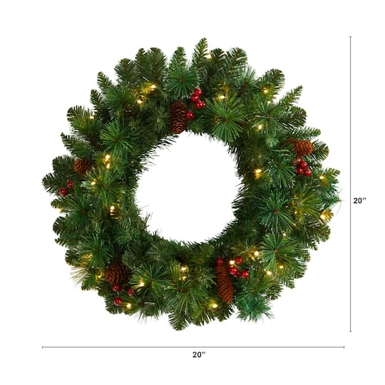20" White LED Lights Frosted Pine Artificial Christmas Wreath With Pinecones & Berries 3 20" White LED Lights Frosted Pine Artificial Christmas Wreath With Pinecones & Berries - Image 3