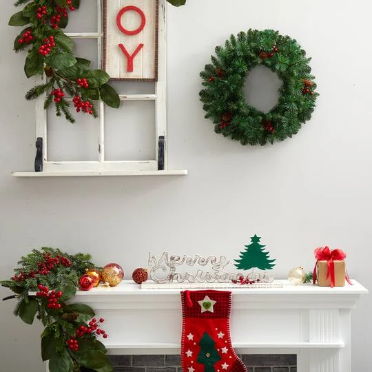 20" White LED Lights Frosted Pine Artificial Christmas Wreath With Pinecones & Berries 6 20" White LED Lights Frosted Pine Artificial Christmas Wreath With Pinecones & Berries - Image 6