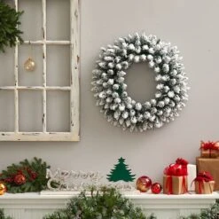 24" White LED Lights Flocked Artificial Christmas Wreath -Northlight Shop D479008S 5