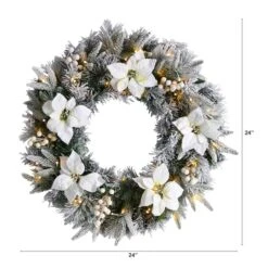 24" White LED Lights Flocked Poinsettia & Pine Artificial Christmas Wreath -Northlight Shop D479011S 2
