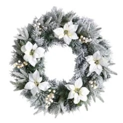 24" White LED Lights Flocked Poinsettia & Pine Artificial Christmas Wreath -Northlight Shop D479011S 3