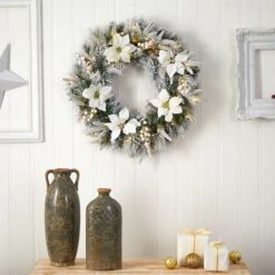 24" White LED Lights Flocked Poinsettia & Pine Artificial Christmas Wreath -Northlight Shop D479011S 4