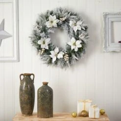 24" White LED Lights Flocked Poinsettia & Pine Artificial Christmas Wreath -Northlight Shop D479011S 5