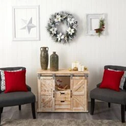 24" White LED Lights Flocked Poinsettia & Pine Artificial Christmas Wreath -Northlight Shop D479011S 7