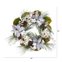 24" Silver Poinsettia, Hydrangea & Pinecones Artificial Christmas Wreath -Northlight Shop D479013S 2