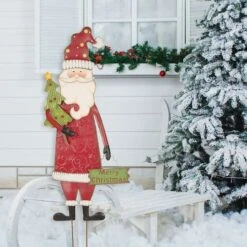 Glitzhome® 3ft. Metal Snowman & Santa Yard Stake Set 12 Glitzhome® 3ft. Metal Snowman & Santa Yard Stake Set -Northlight Shop D479447S 3