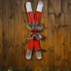 Glitzhome® 35" Red Wooden & Galvanized Ski Porch Décor -Northlight Shop D479466S 4