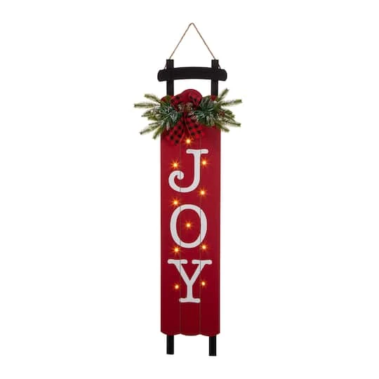 Glitzhome® 40" Lighted Wooden Sleigh JOY Porch Sign With Timer 2 Glitzhome® 40" Lighted Wooden Sleigh JOY Porch Sign With Timer - Image 2