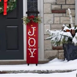 Glitzhome® 40" Lighted Wooden Sleigh JOY Porch Sign With Timer 11 Glitzhome® 40" Lighted Wooden Sleigh JOY Porch Sign With Timer -Northlight Shop D479468S 2