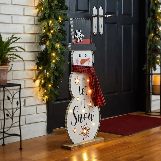 Glitzhome® 3ft. Lighted Wooden Christmas Snowman Porch Décor With Timer 4 Glitzhome® 3ft. Lighted Wooden Christmas Snowman Porch Décor With Timer - Image 4