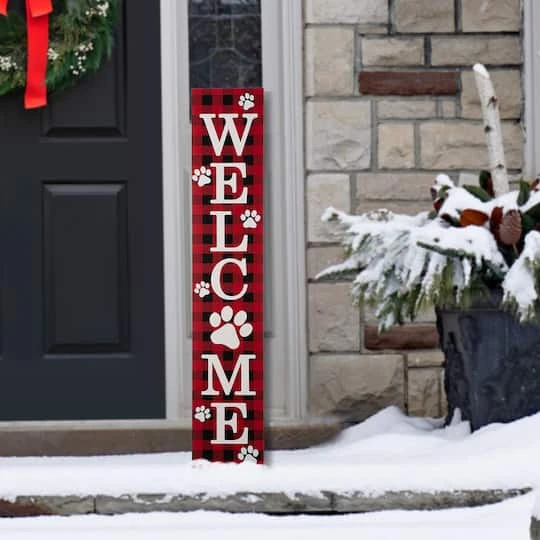 Glitzhome® 42" Plaid Pet "WELCOME" Wooden Porch Sign 4 Glitzhome® 42" Plaid Pet "WELCOME" Wooden Porch Sign - Image 4